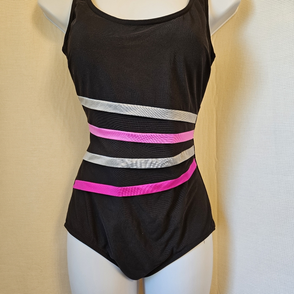 IT FIGURES! Women’s One Piece Swimsuit Black Siver Pink Size 12 VTG FF24